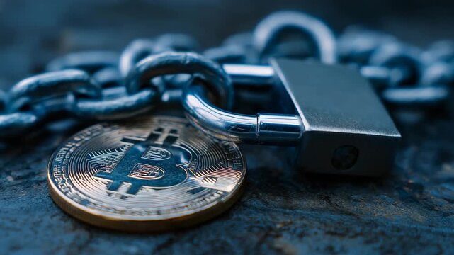 A coin with the letter B on it is sitting on a chain. A lock is on the chain. Closeup bitcoin coin chained with metallic padlock, crypto ban, dark caution sci-tech blue tone