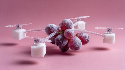 Grapes and sugar cubes form a whimsical drone on pink backdrop for food concepts