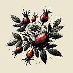 Decorative and detailed woodcut-style illustration of rosehip berries and a single flower captures the essence of this medicinal plant. Rosehip Botanical Illustration with a Vintage Feel.