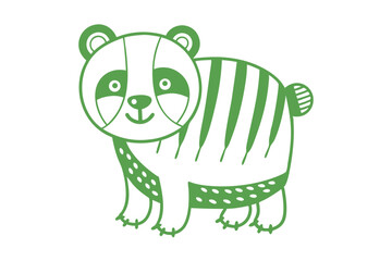 Stylized green panda with stripes and spots cheerfully stands against a white background