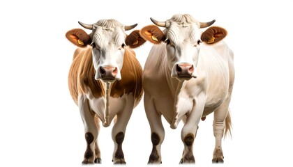 Two cows facing forward against a plain white background