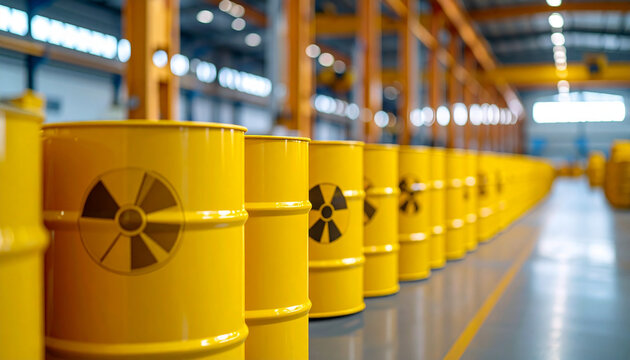 A row of yellow barrels with radiation symbols, likely containing hazardous materials, stored in an industrial facility.