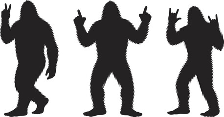 PrintBigfoot silhouette, cryptid illustration, mythical creature, peace sign, middle finger, rock on gesture, vector art, folklore, furry, mysterious, hand signs