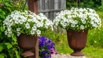 Two rustic, hanging flower planters filled with vibrant white petunias adorn a garden setting.