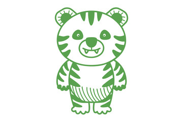 Green cartoon tiger stands with a playful, friendly grin, showcasing simplified shapes