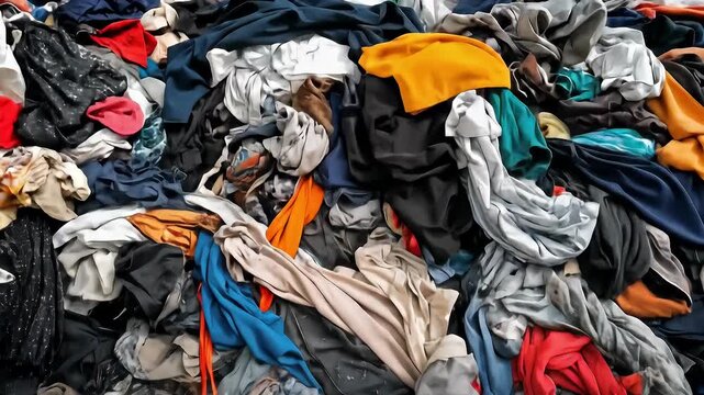 Piles of used clothing create an overwhelming mass, this heap represents overconsumption and the issue of textile waste.