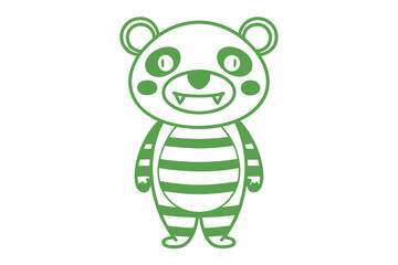 Green outline cartoon panda figure stands showing pointed teeth happily on a white background