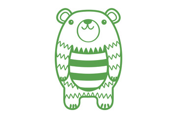 Green, outlined bear features zigzag fur and stripped belly standing on its feet