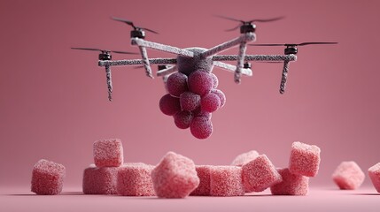 Whimsical 3d render of a drone carrying grapes above sugar cubes on a pink backdrop for creative projects