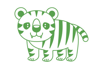 Green outline defines a cute cartoon tiger with stripes and a smiling expression