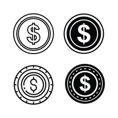 Dollar Coin Icons Collection – Set of Four Currency Symbols in Outline and Solid Styles