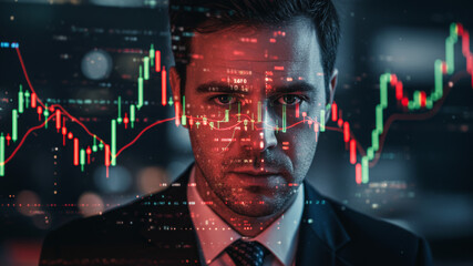Focused businessman with financial market data overlay