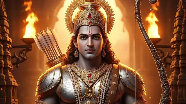 Epic Cinematic Portrait of the Hindu God Lord Rama in a Grand Temple with Flaming Torches.
