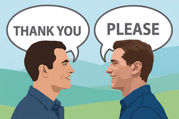 Two men smiling and exchanging polite phrases, conveying positive communication and good manners in a friendly conversation.