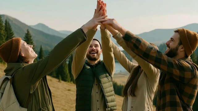 A group of friends in a mountain landscape, smiling and stacking hands. Captured from a low angle, this video still exudes camaraderie and adventure.