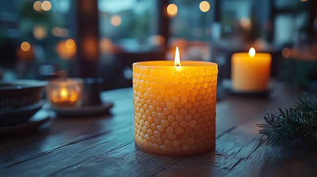 Warm yellow candle with lit flame and bokeh effect creates calming atmosphere photo