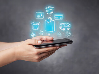 “Hands Holding Smartphone with Shopping Icons – Online Shopping and Mobile Commerce Concept”