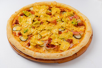 A delicious pizza features a golden crust topped with cheese, veggies, and meats. Enjoy!