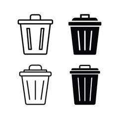 Trash Can Icon Set - Simple Vector Garbage Bin and Recycle Symbols in Outline and Solid Styles