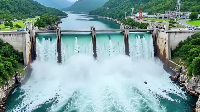 Powerful dam releases massive water flow creating a stunning natural spectacle with lush green surroundings
