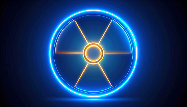 Glowing neon radiation symbol with a blue and orange color scheme on a dark background.