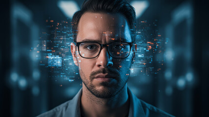 Thoughtful man with futuristic digital data and AI technology overlay