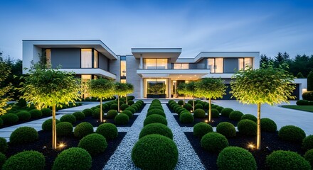 Obraz premium Modern White House with Green Garden at Dusk