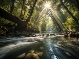 brook in the tropical jungle with sunlight