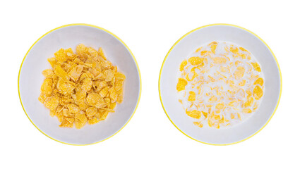 Cereal before and after milk – breakfast concept with crunchy cornflakes and dairy no Background