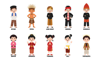 Kids traditional indonesia clothes vector graphic illustration set