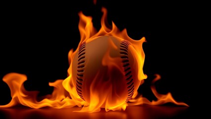 Baseball engulfed in flames on a black background with intense orange glow.