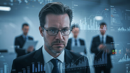 Serious businessman analyzing digital business data graphs