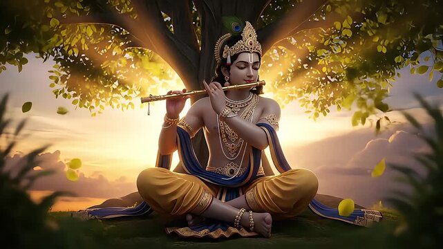 Divine Lord Krishna Playing Flute Under a Tree with Golden Sun Rays and Floating Leaves for janmashtami, govardhan puja