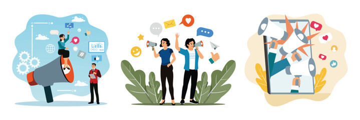 The concept of business communication, promotion products and social media, digital promotion.