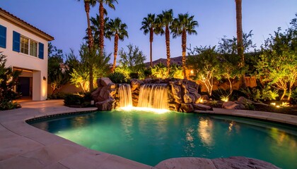 Luxurious pool house at twilight with cascading waterfall feature.