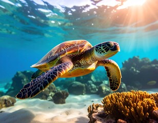 Obraz premium Majestic Sea Turtle Gracefully Swimming in Vibrant Coral Reef