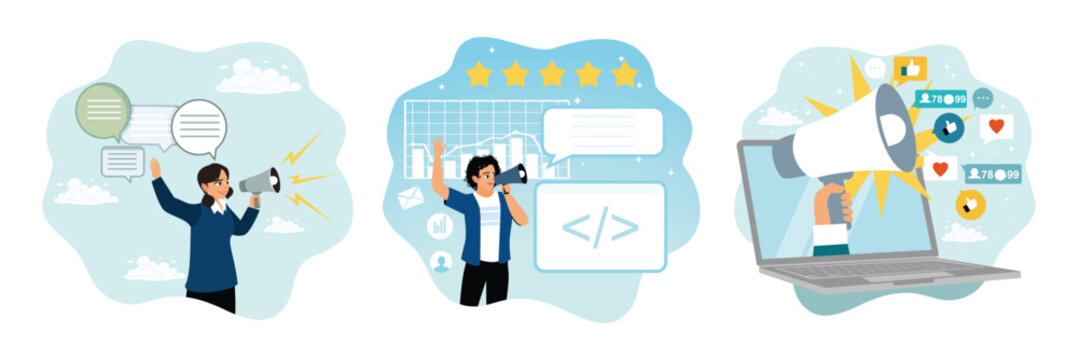 PR public relations concept, user feedback and ratings, digital marketing and social media.