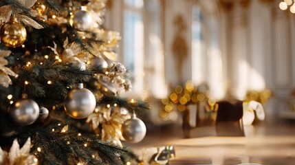 Close up of  decorated Christmas tree with silver ornaments and golden lights blurred elegant interior in  background
