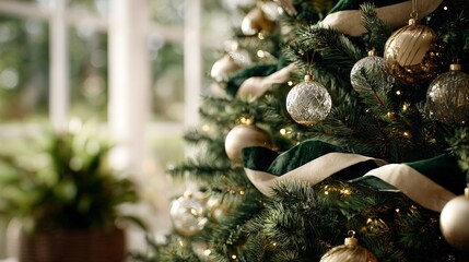 Close up of decorated Christmas tree with glass ornaments velvet ribbon and soft fairy lights