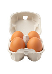 Four fresh brown eggs inside a cardboard egg carton isolated on transparent background