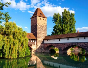 A medieval stone tower and covered bridge reflect in calm water, trees frame the scene under a bright sky
