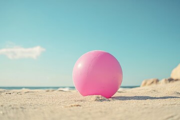 Pink Beach Ball on a Sandy Shoreline Under a Clear, Azure Blue Sky