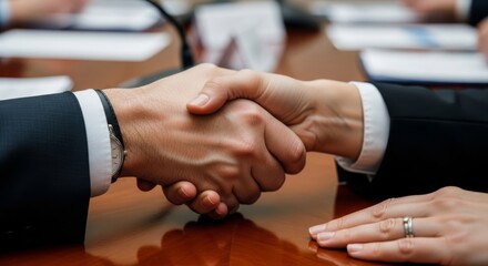 Close-up of a business handshake between a man and a woman, signifying agreement, partnership, or collaboration.  The image depicts trust and professionalism in a corporate setting.