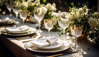 A beautifully set outdoor dining table displays elegant white tableware, gold accents, and a fresh floral centerpiece.