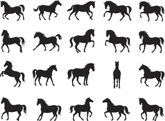 PrinHorse silhouette collection, black vector horses, galloping, standing, running poses, equestrian design, animal icons, stock illustration, isolated graphics, clipartt