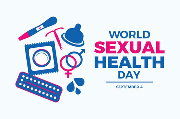 World Sexual Health Day poster vector illustration. Male and female contraception methods icon set. Condom, pills, IUD birth control, pregnancy test symbol. Template for background, banner, card