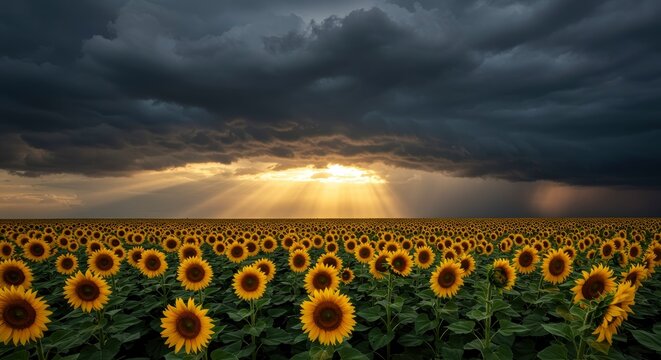 A vast sunflower field under a stormy sky with sunbeams breaking through the clouds