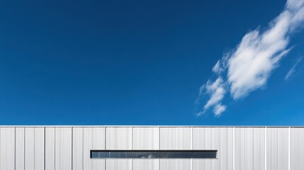 Obraz premium Close-up of a modern white building with sleek horizontal lines against a bright blue sky with scattered clouds