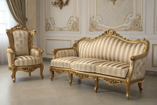 Ornate gold sofa and chair set in luxury interior design studio