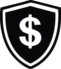 Bold black shield emblem featuring a prominent white dollar sign symbolizing financial security and protection